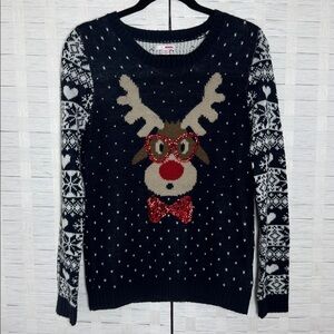 BONGO Navy & White Christmas Reindeer Sweater with Sequin Detail Size Medium